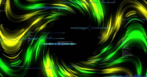 Swirling neon green yellow vortex with black core and blue waveform energy glow motion