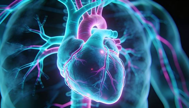 Glowing Neon Heart Anatomy with Aorta and Coronary Vessels in Futuristic 3D Medical Illustration