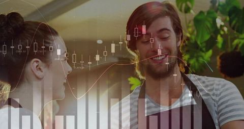 Cafe Team Engaging in Data Analysis with Transparency Chart Overlay