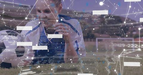 Female Soccer Athlete Champion Holding Gold Medal on Pitch