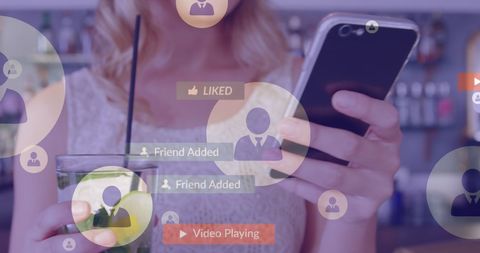 Woman Engaging on Smartphone Surrounded by Social Media Icons