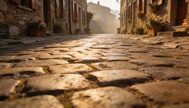 Sunlit cobblestone lane in historic village with terracotta planters and golden glow