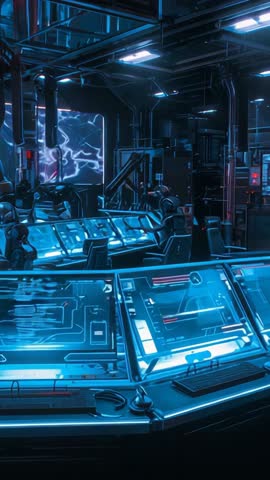 Vertical Cyber Control Room Video with Holographic Console Pulsing Electric Arcs