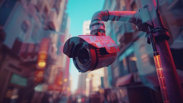 Futuristic surveillance camera overlooking lonely urban scene