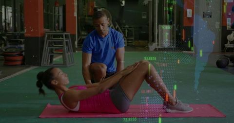 Personal Trainer Guiding Woman Doing Crunches with Real-Time Fitness Data Overlay