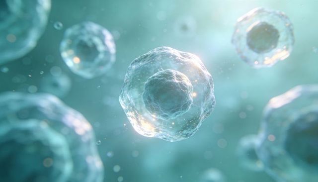 Translucent cell revealing textured nucleus floating in teal fluid medical illustration