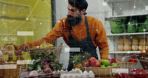 Vendor in Rustic Shop Arranging Fresh Organic Produce with Graphics Overlay
