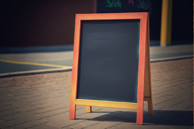 Blank chalkboard sign with a wooden frame standing on a sidewalk in an urban area. Useful for promoting businesses, cafes, or events. Can be customized with promotional messages, menus, special offers, or directions.