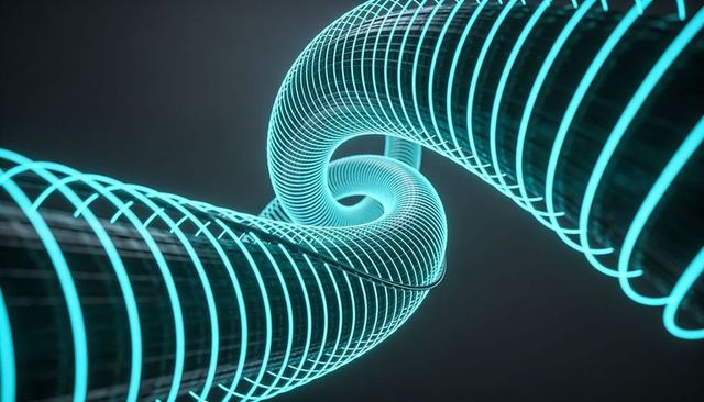 Looping neon helix creating futuristic cyan knot with glowing spiral bands