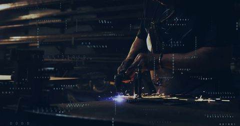Welder Cutting Steel Sheet with Torch, Sparks Flying, Industrial Fabrication Data Overlay