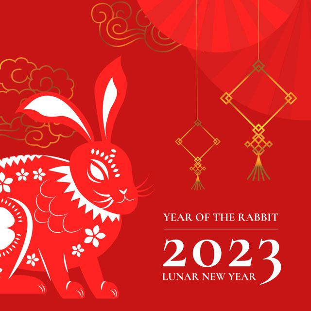 Composition of 2023 lunar new year text over rabbit on red background. Chinese new year, tradition and celebration concept digitally generated image.