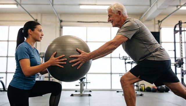 Senior man and female trainer passing stability ball during partner lunge workout in gym