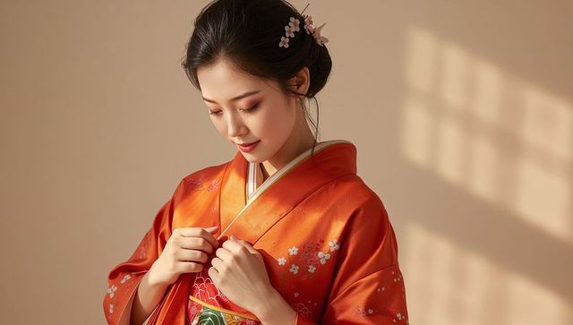 Gazing asian woman adjusting orange kimono collar with floral hairpins, serene portrait