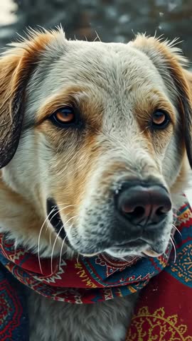 Vertical video: Tan and white dog sniffing snow in park wearing colorful patterned scarf