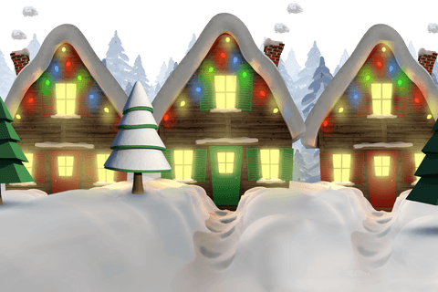 Transparent Winter Cottages with Festive Lights Amidst Snowy Background