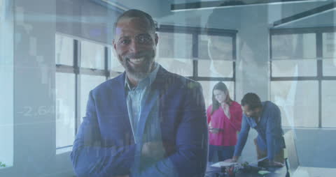 Diverse Business Team Engaging in Modern Office with Global Data Overlay