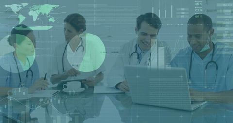 Medical team collaborating on data analysis in healthcare setting