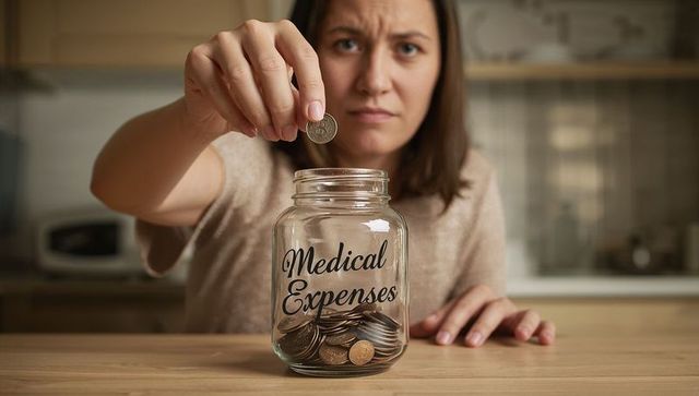 Woman placing coin into medical expenses jar showing financial stress and budgeting