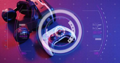 Digital interface overlay on gaming equipment with vr headset