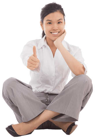 Transparent Businesswoman Sitting Cross Legged Showing Thumbs Up