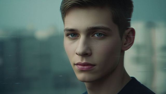 Serene Teenage Boy in Urban Setting with Glitch Reflection