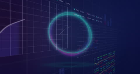 Neon Circular Animation Overlaying Stock Market Data Visualization