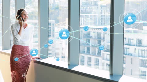 Businesswoman Communicating Using Global Digital Network Interface