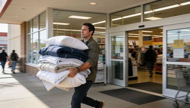 Man carrying stacked pillows and comforters walking out of retail store on sunny sidewalk