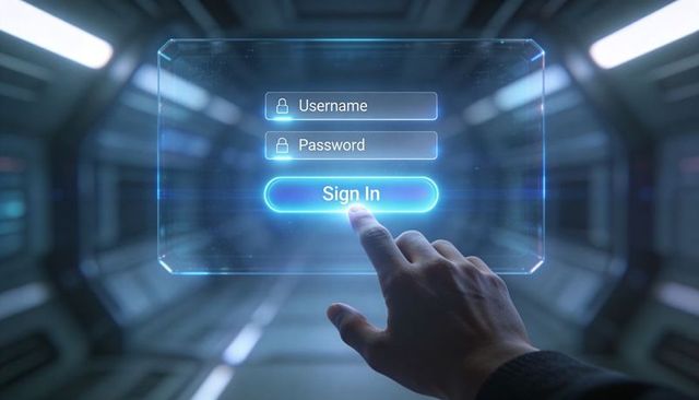 Tapping holographic login panel in futuristic corridor, hand pressing neon sign in