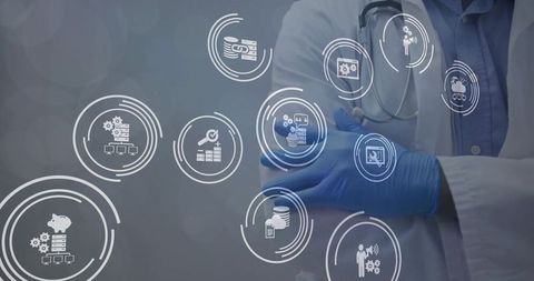 Doctor in Lab Coat Interacting with Digital Healthcare Icons