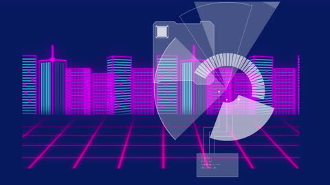 Futuristic Digital Cityscape with Virtual Radar Interface