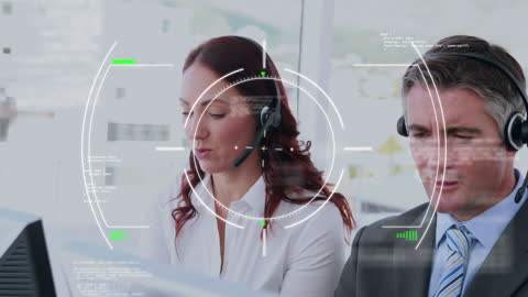 Business Professionals with Headsets Overlaid with Technological Interface