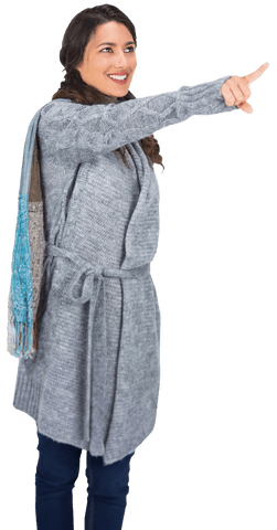 Transparent Brunette Woman in Winter Attire Pointing with Smile