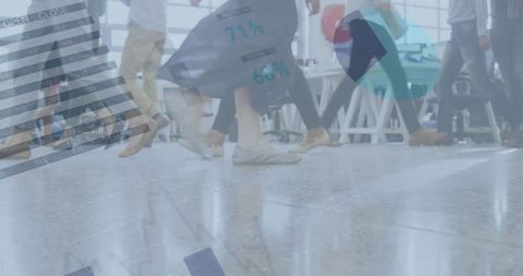 Business Crowd Walking with Overlaid Financial Data Insights