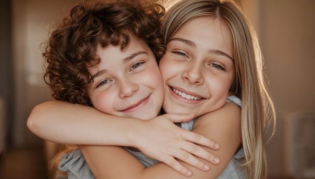 Siblings hugging and smiling in warm home light, close-up portrait of childhood bond