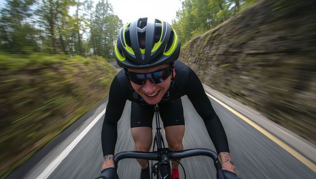 Cyclist Enjoying Bike Ride on Mountain Road with Neon Green Helmet