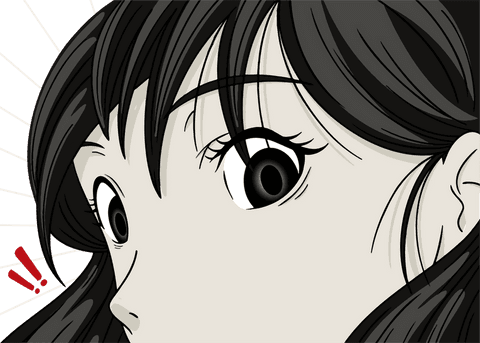 Surprised manga eye closeup with exclamation marks on transparent background