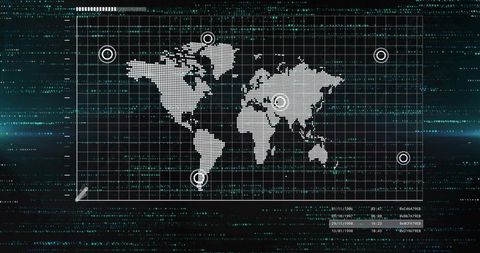 Futuristic World Map with Geographic Targets on Digital Interface