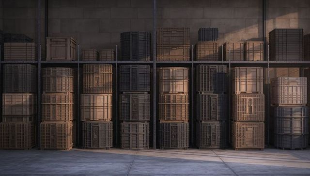 Stacked industrial crates on metal racks casting diagonal sunlight in warehouse interior