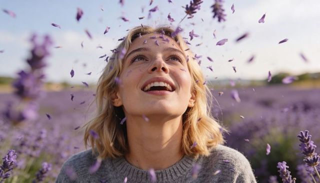 Smiling young woman gazing up in lavender field with falling petals, sunlit joy