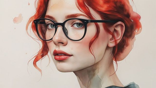 Artistic Portrait of Woman with Red Hair and Glasses in Watercolor Style