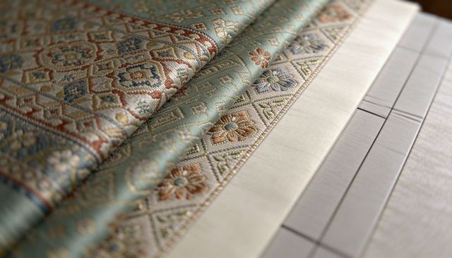 Folding embroidered brocade fabric with metallic threads, decorative border on sewing table