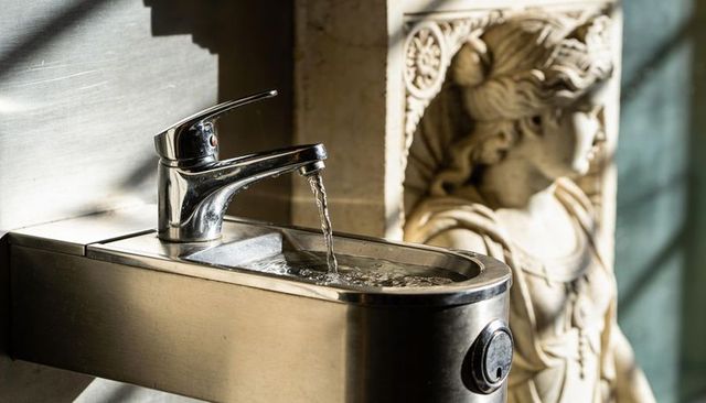Stainless steel drinking fountain pouring stream beside classical relief sculpture