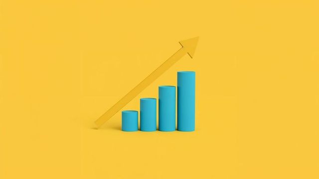 Minimalist blue bar chart showing upward trend on yellow background