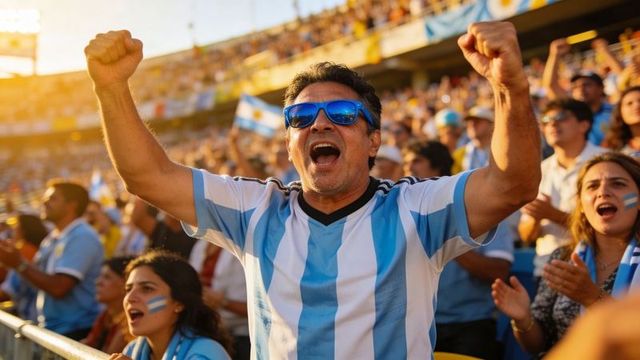 Passionate argentina football fan cheering in stadium wearing striped jersey and sunglasses