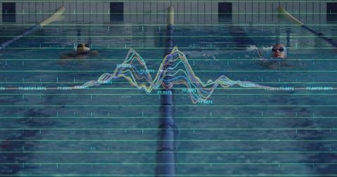 Competitive swimmers backstroking with data overlay