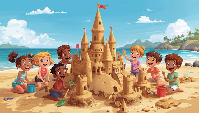 Children building epic sandcastle on sunny tropical beach, teamwork and joyful celebration