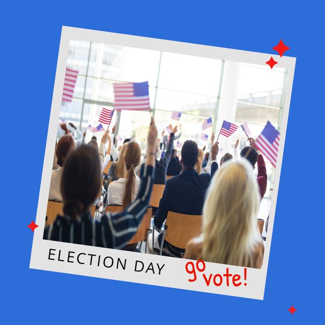The image depicts a multiracial group of citizens participating in election day by waving American flags. This can be used to promote voting, civic engagement, and patriotism. Perfect for campaigns encouraging voter turnout, democracy awareness, and patriotic events, especially around elections.