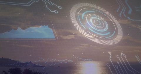 Futuristic coastal interface at dusk showing hud elements, radar grid and data charts