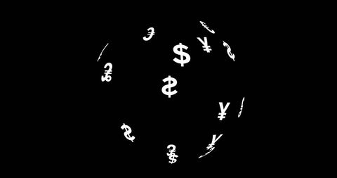 Rotating globe with currency symbols on black background